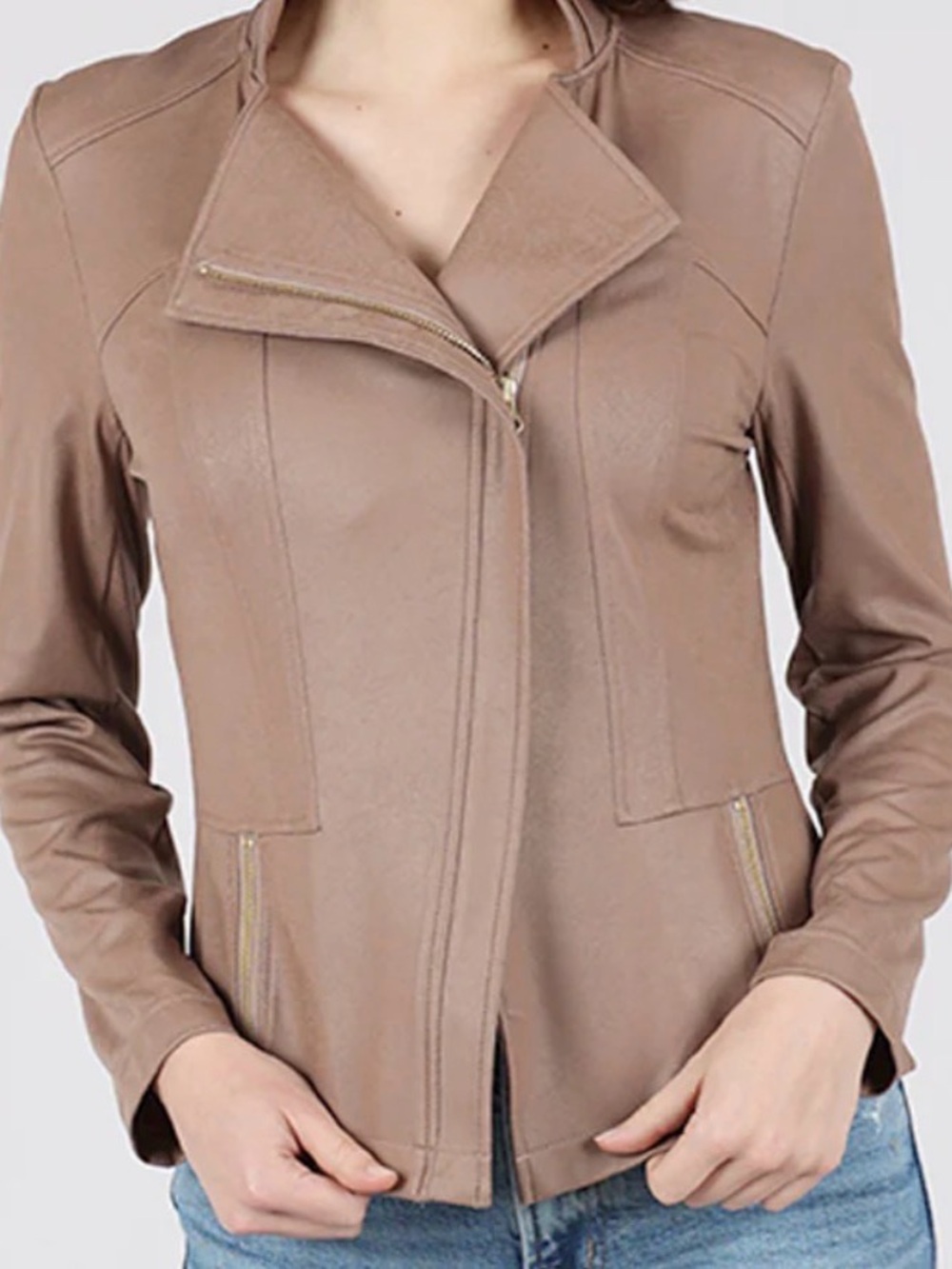CLARA SUN WOO Liquid 'Leather' Moto Jacket, Taupe/ camel Large